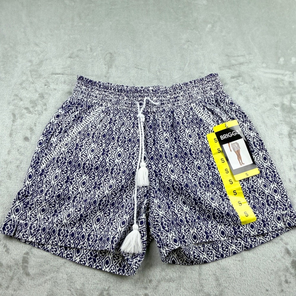 Briggs Women's Linen Blend Pull‎ On Shorts Blue White Geometric Print Small NWT